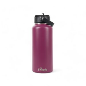 The 32oz Tropic Plum Purple insulated water bottle with a black lid, featuring a "tropic Tumblers" logo.