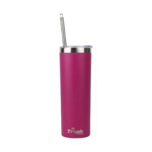 The 20oz Tropic Magenta insulated tumbler with a Clear Spill proof lid, featuring a "tropic Tumblers" logo.