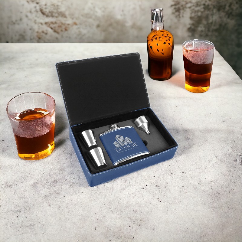 6 oz Blue Silver Laserable Leatherette Flask Gift Set-on concrete table
