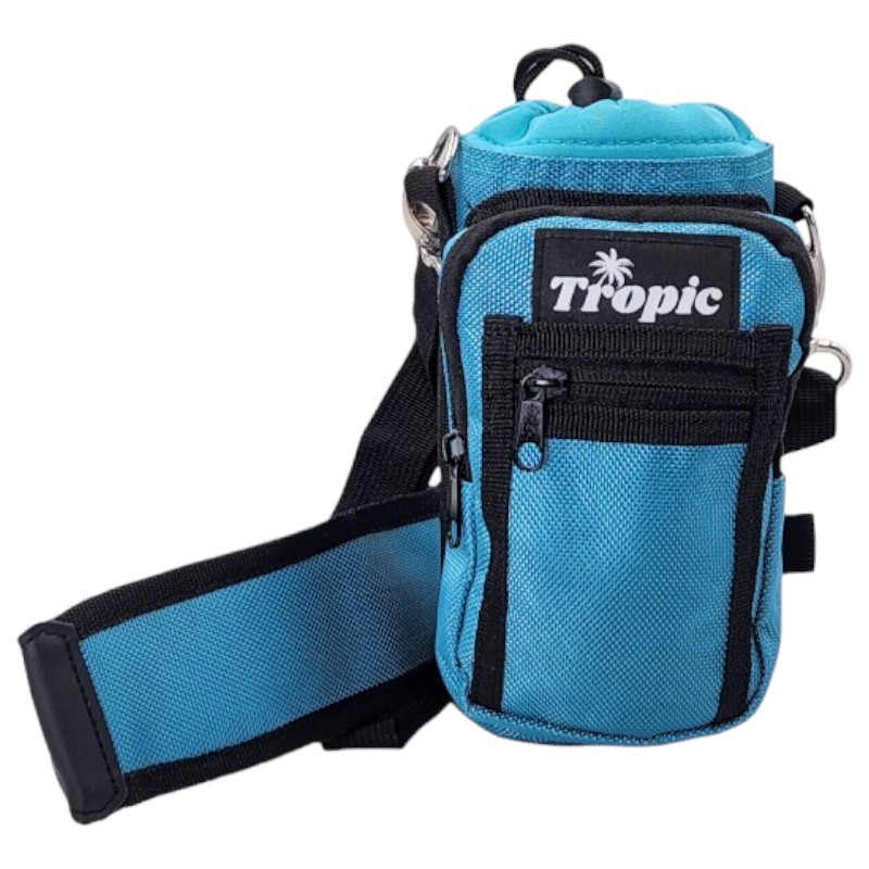 The Tropic water bottle carrier bag with front pocket and adjustable shoulder strap. Bags fit most 16 oz,18 oz, 20 oz, 24 oz, 25 oz Bottles.