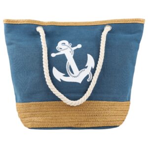Canvas beach tote hand bag with Anchor Print, Rope Handle and Straw Bottom