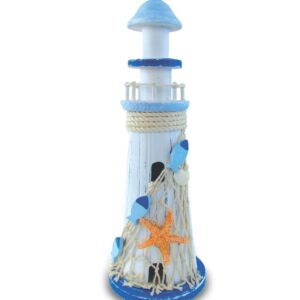 Light Blue Sripes Lighthouse W/Star Fish Large – Nautical Decor