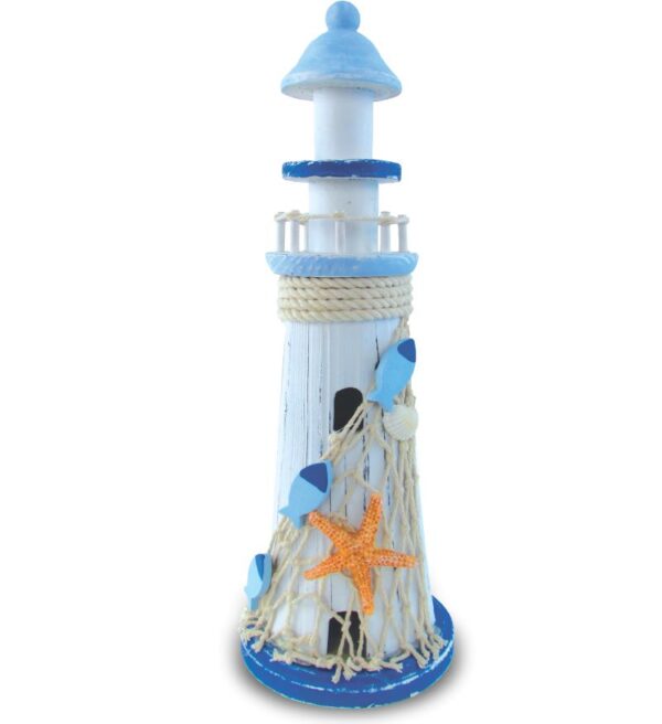 Light Blue Sripes Lighthouse W/Star Fish Large – Nautical Decor